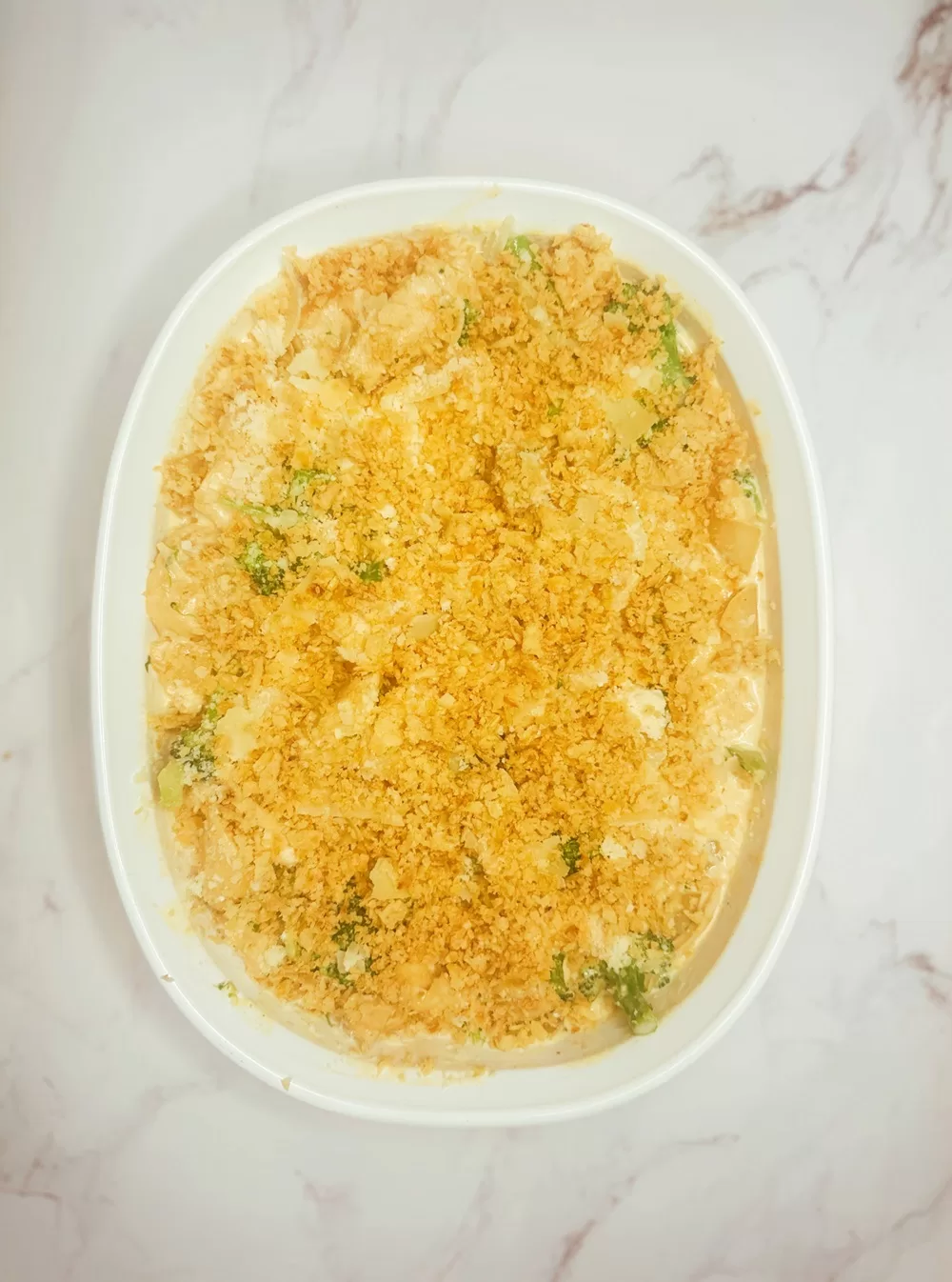 chicken and alfredo sauce with broccoli in a white casserole dish topped with french fried onions