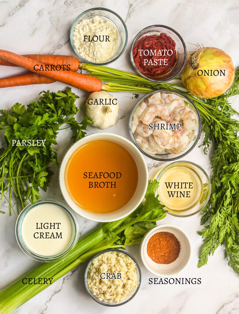 ingredients for crab and shrimp seafood bisque