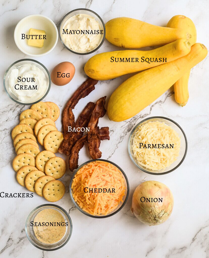 ingredients for southern squash casserole recipe with bacon