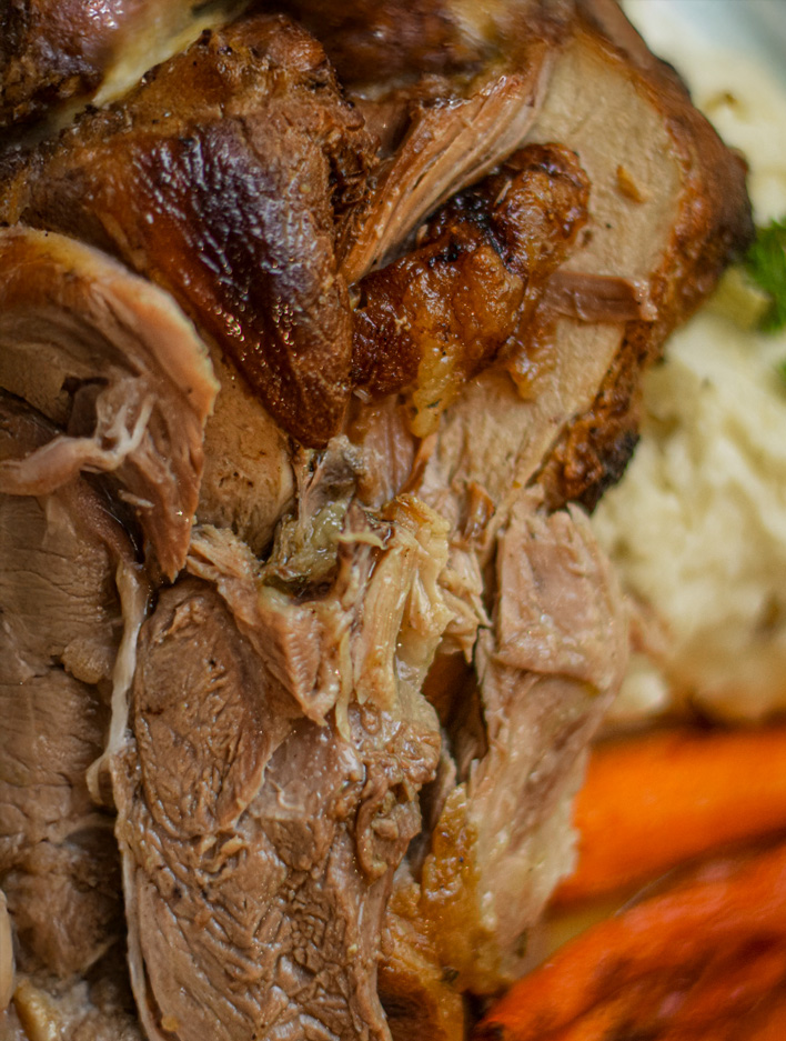 closeup of shredded pork shoulder