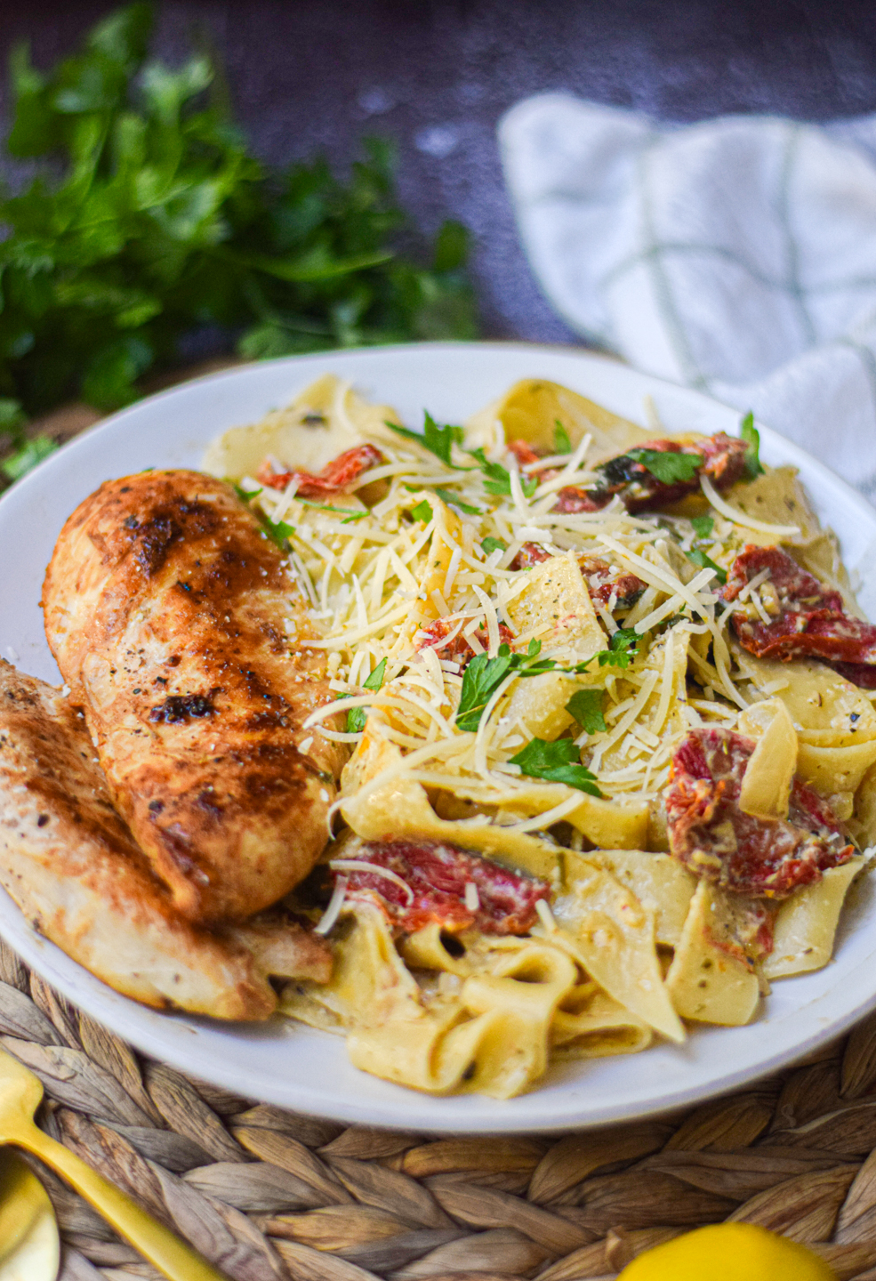 creamy tomato pesto pasta plated for dinner