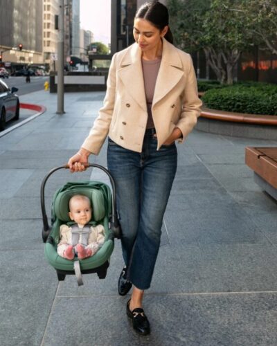 mother carrying infant car seat with baby